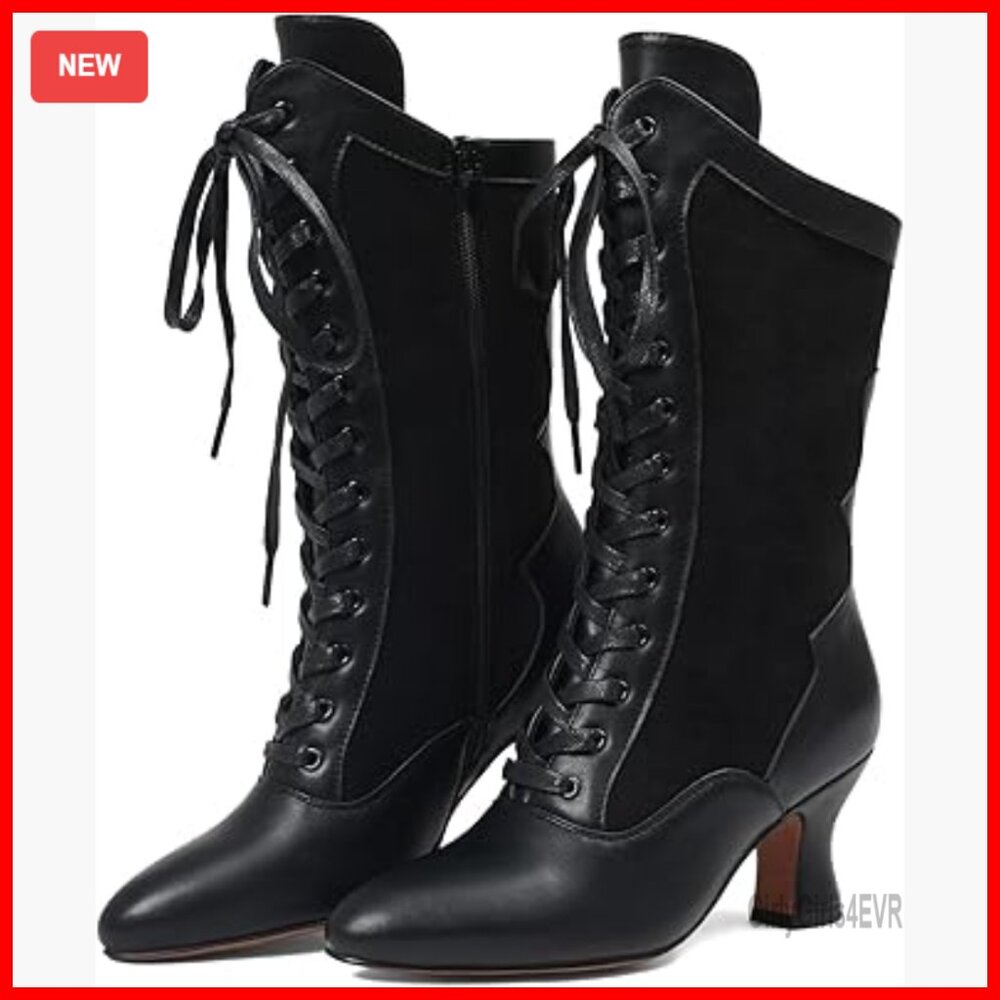 Victorian Medieval Mid-Calf Boots With Lace-Up And Side Zipper